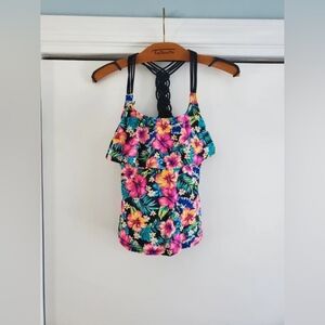 Floral Ruffle Tank Top  - Bright Pink & Blue